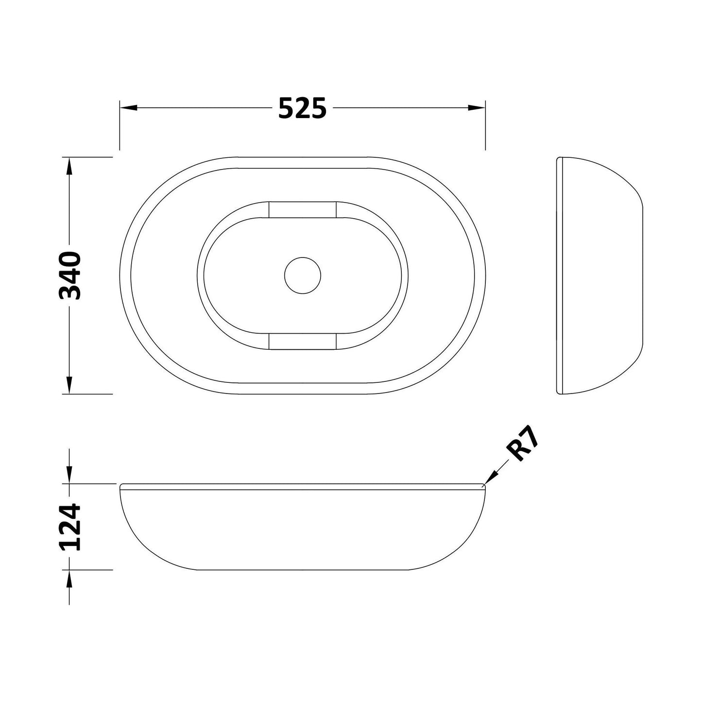 [BBB162] Balterley Tettenhall Countertop Oval Basin, 525 x 340mm - Polished White - Technical Drawing