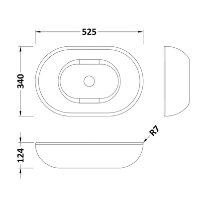 [BBB162] Balterley Tettenhall Countertop Oval Basin, 525 x 340mm - Polished White - Technical Drawing