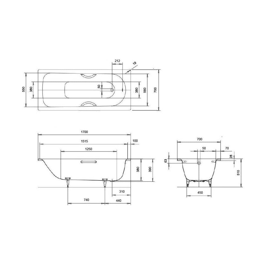 [BBB1700] Contemporary Single Ended Bath, 1700 x 700 x 390mm, White - Technical Drawing