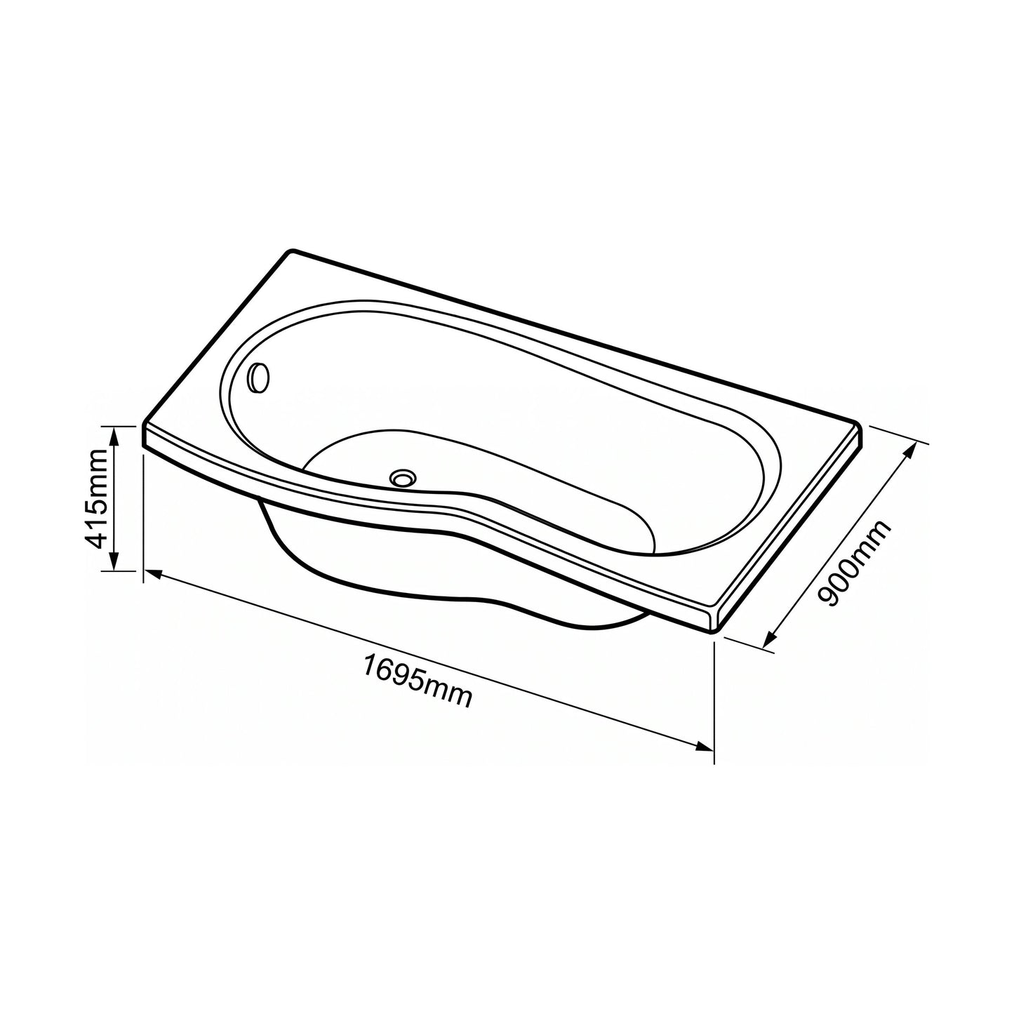 [BBB17PL] Modern B Shaped Right Hand Shower Bath & Panel, 1695 x 900 x 415mm - Technical Drawing