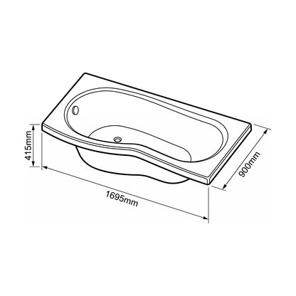 [BBB17PL] Modern B Shaped Right Hand Shower Bath & Panel, 1695 x 900 x 415mm - Technical Drawing