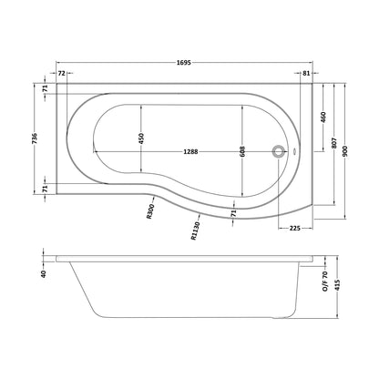 [BBBB102] 1700 B shaped shower bath R/H - Technical Drawing