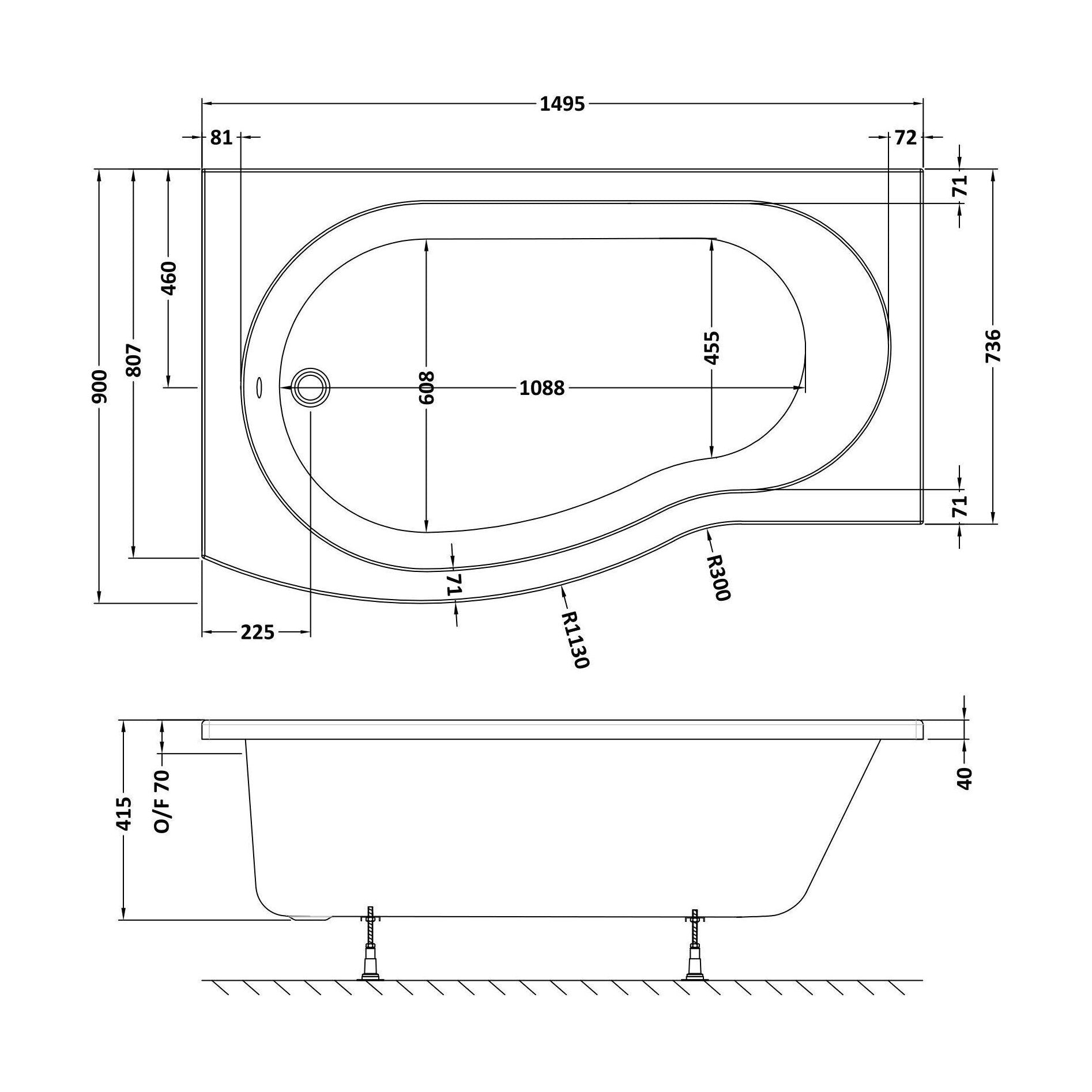 [BBBB1585L] Balterley Modern B Shape Right Hand Shower Bath Tub with Leg Set, 1500mm - White - Technical Drawing