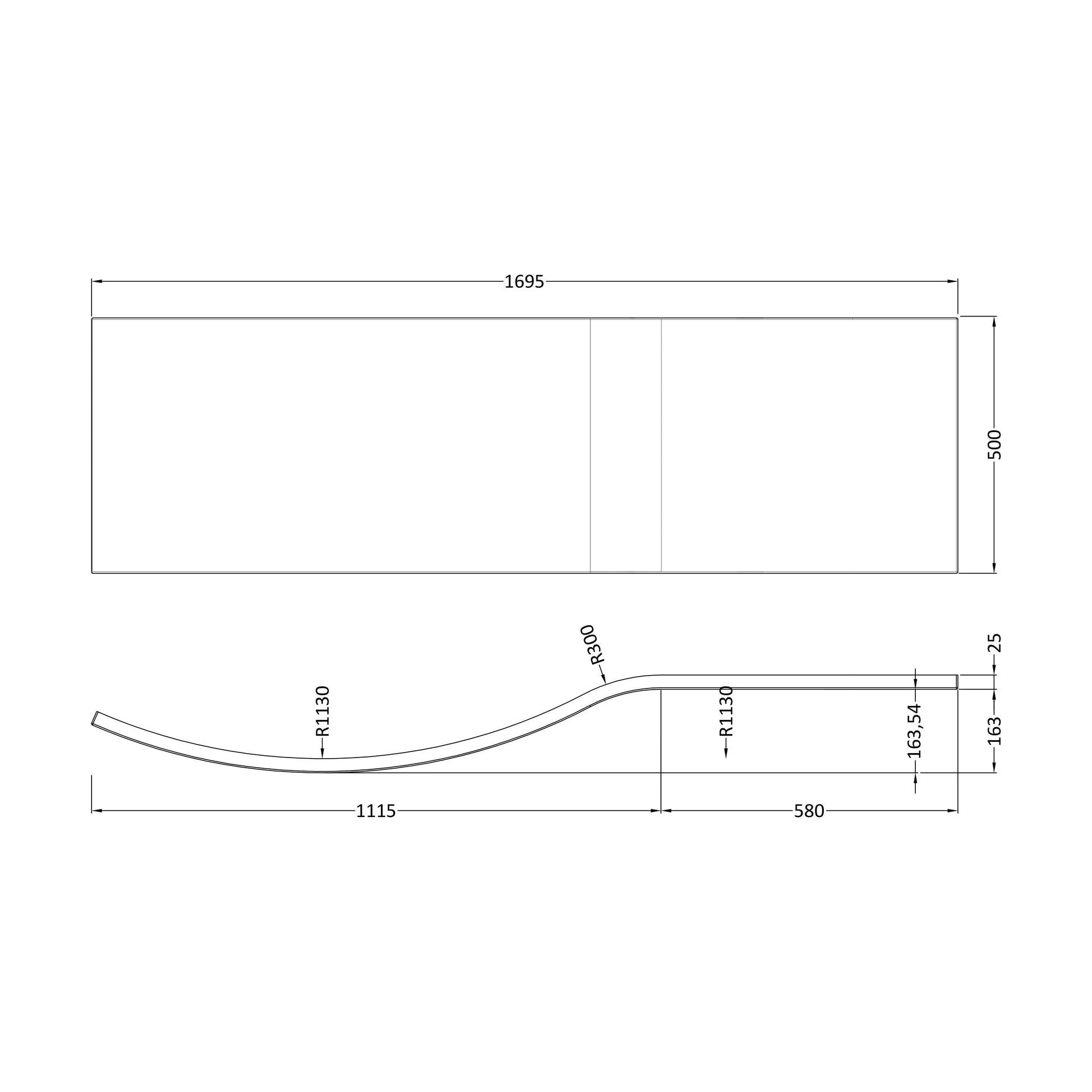 [BBBB200] 1700mm Acrylic B Bath Front Panel - Technical Drawing