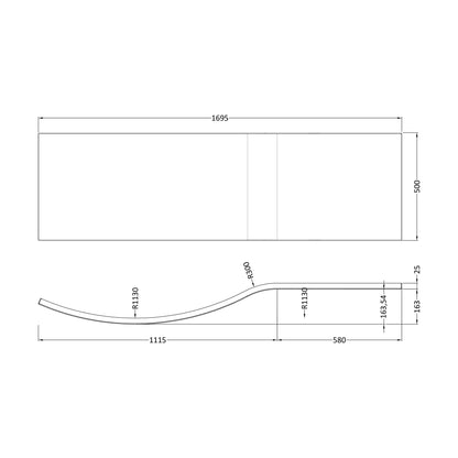 [BBBB200] 1700mm Acrylic B Bath Front Panel - Technical Drawing