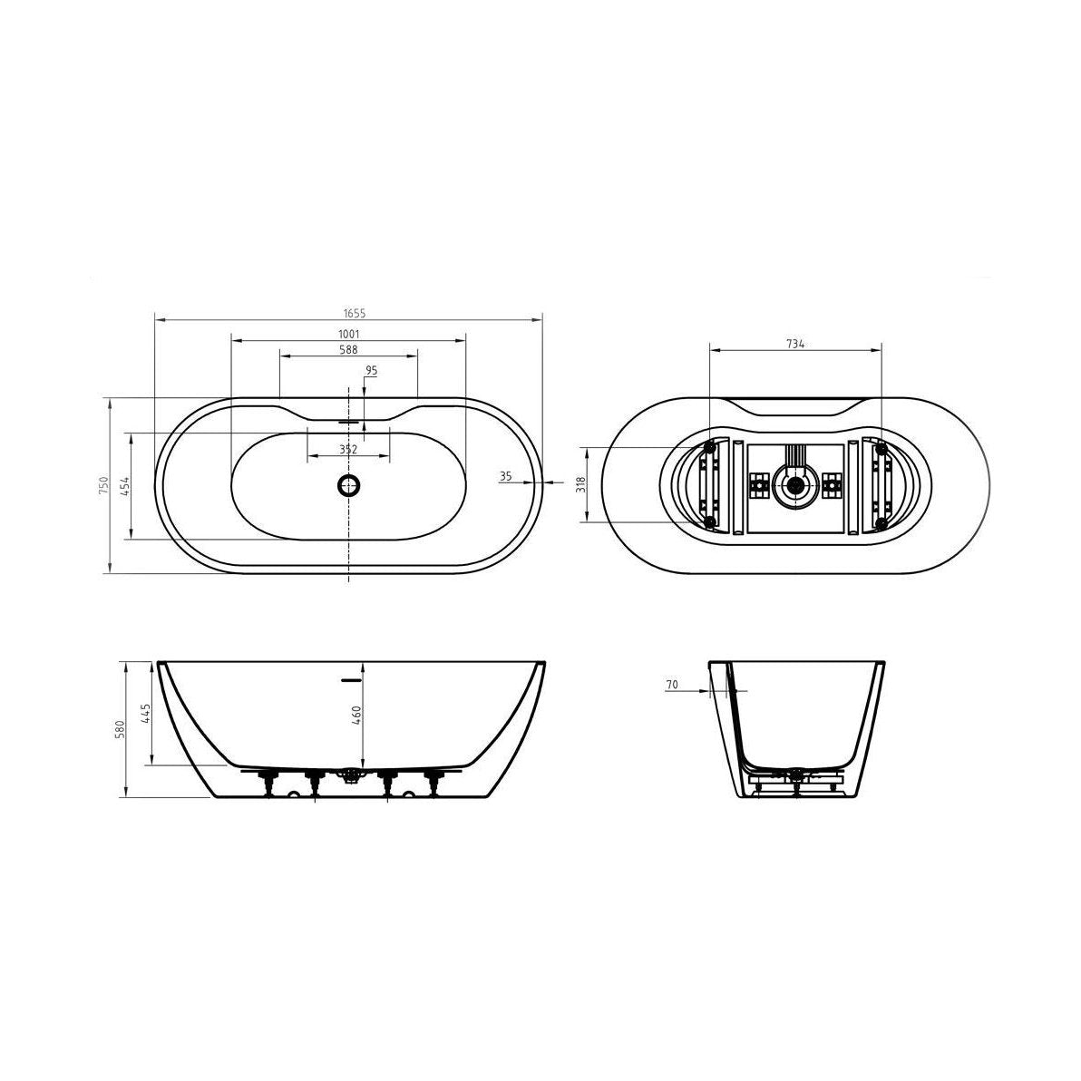[BBBLK-A] Modern Bathroom Bow Front Bath, 1655 x 445 x 580mm, Black - Technical Drawing