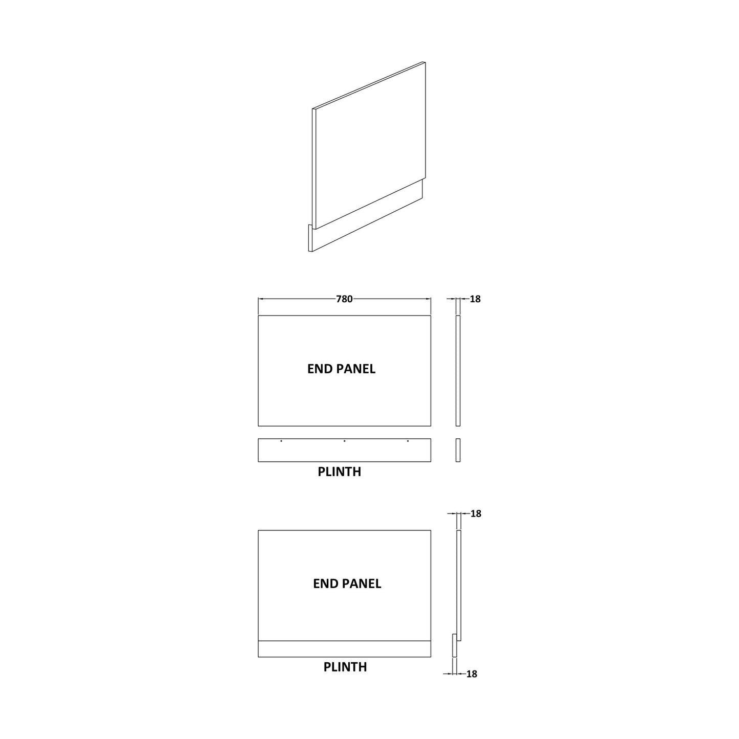 [BBBPG0800] 800mm End Bath Panel  Matt Grey - Technical Drawing