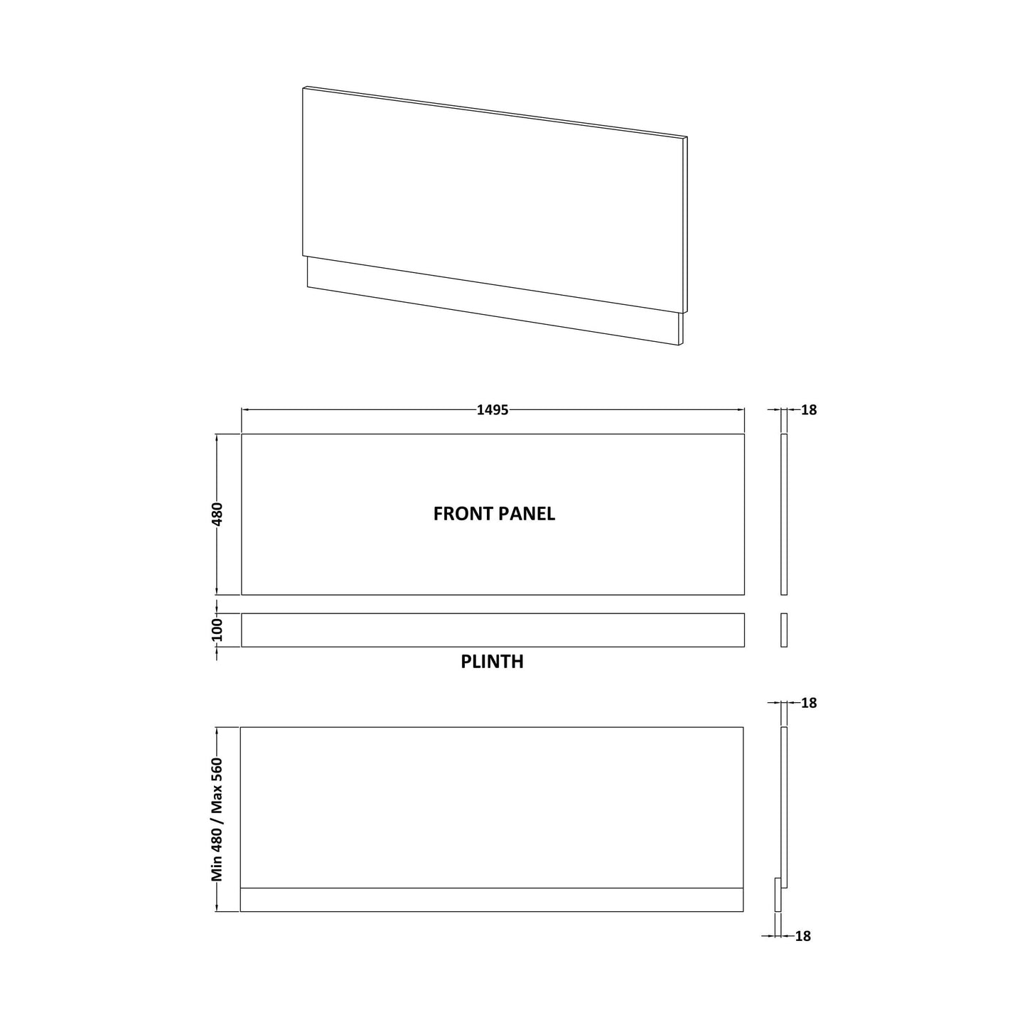 [BBBPG1500] 1500mm Front Bath Panel Matt Grey - Technical Drawing