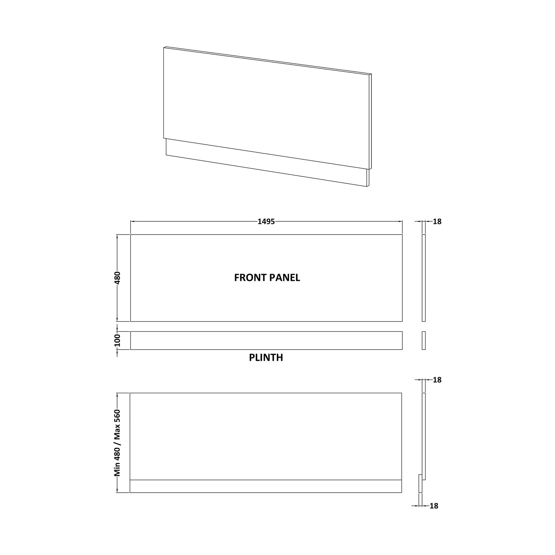 [BBBPG1500] 1500mm Front Bath Panel Matt Grey - Technical Drawing