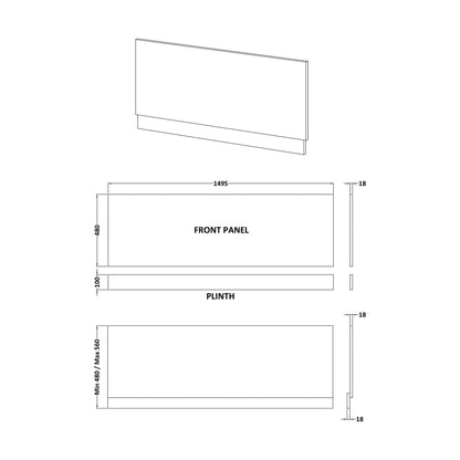 [BBBPG1500] 1500mm Front Bath Panel Matt Grey - Technical Drawing