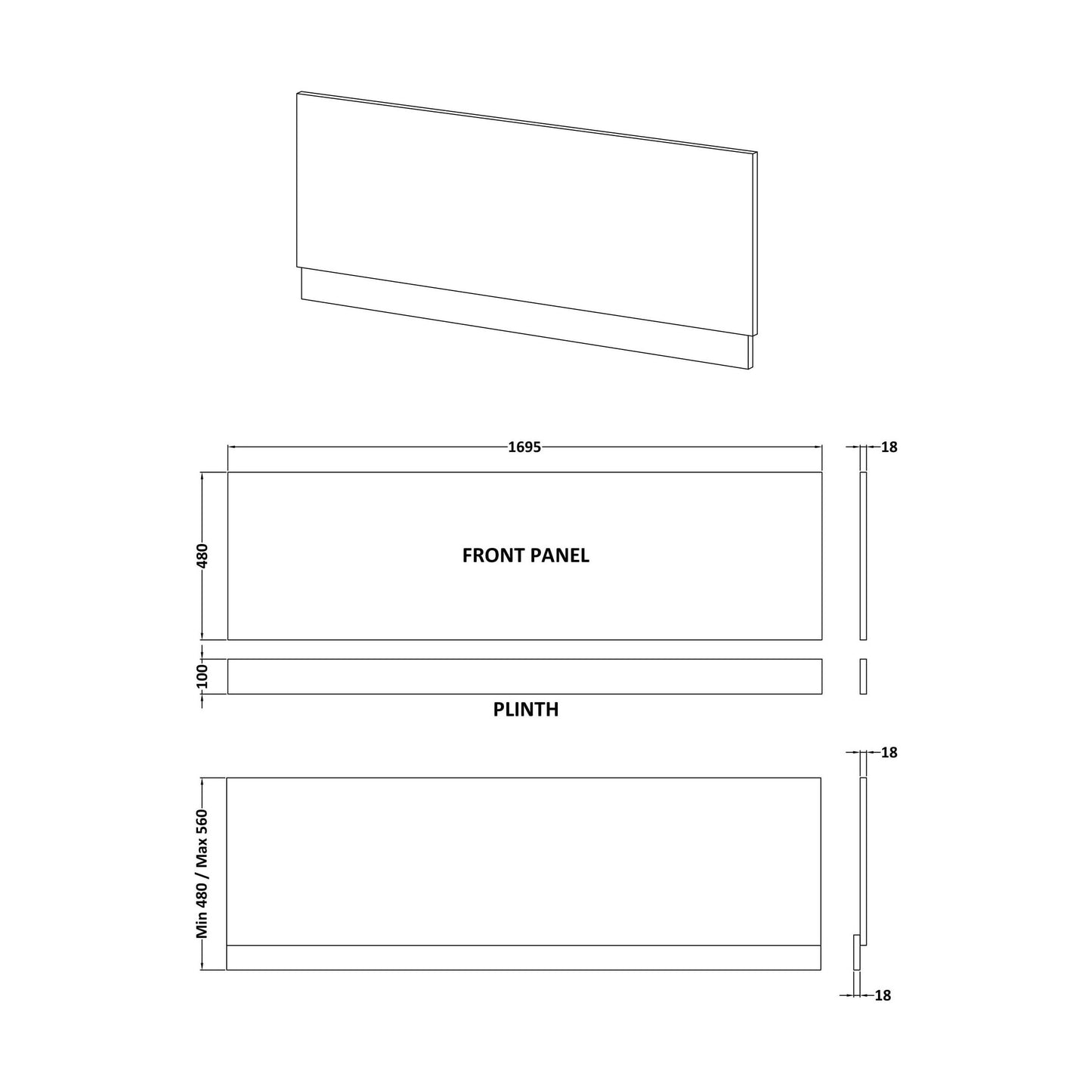 [BBBPG1700] 1700mm Front Bath Panel Matt Grey - Technical Drawing