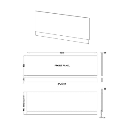 [BBBPG1700] 1700mm Front Bath Panel Matt Grey - Technical Drawing