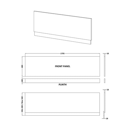 [BBBPG1800] 1800mm Front Bath Panel Matt Grey - Technical Drawing