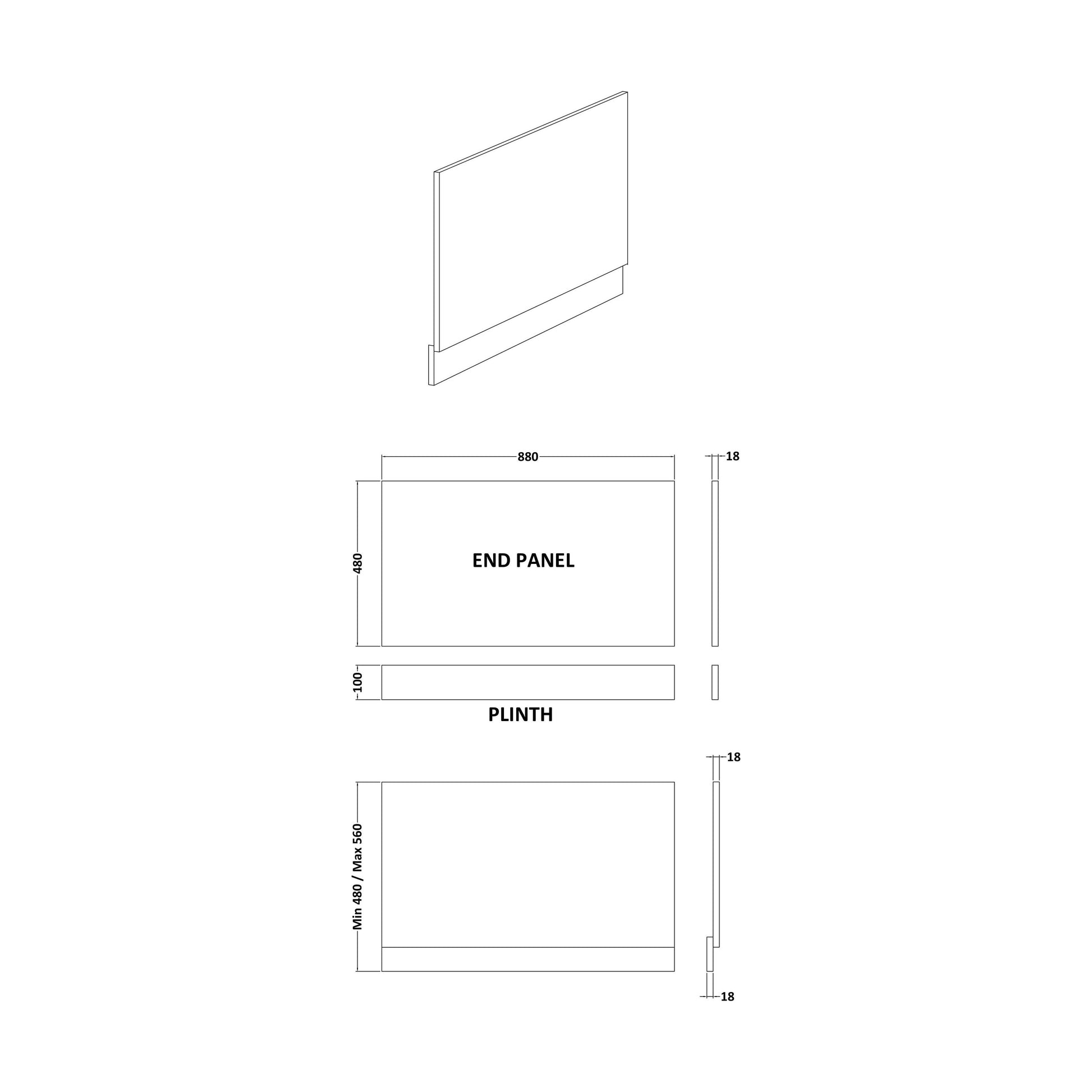 [BBBPM0900] 900mm End Bath Panel  WhGL - Technical Drawing