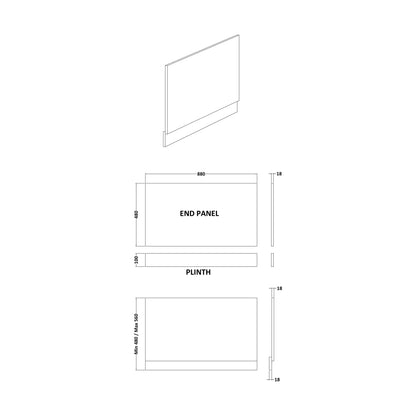 [BBBPM0900] 900mm End Bath Panel  WhGL - Technical Drawing