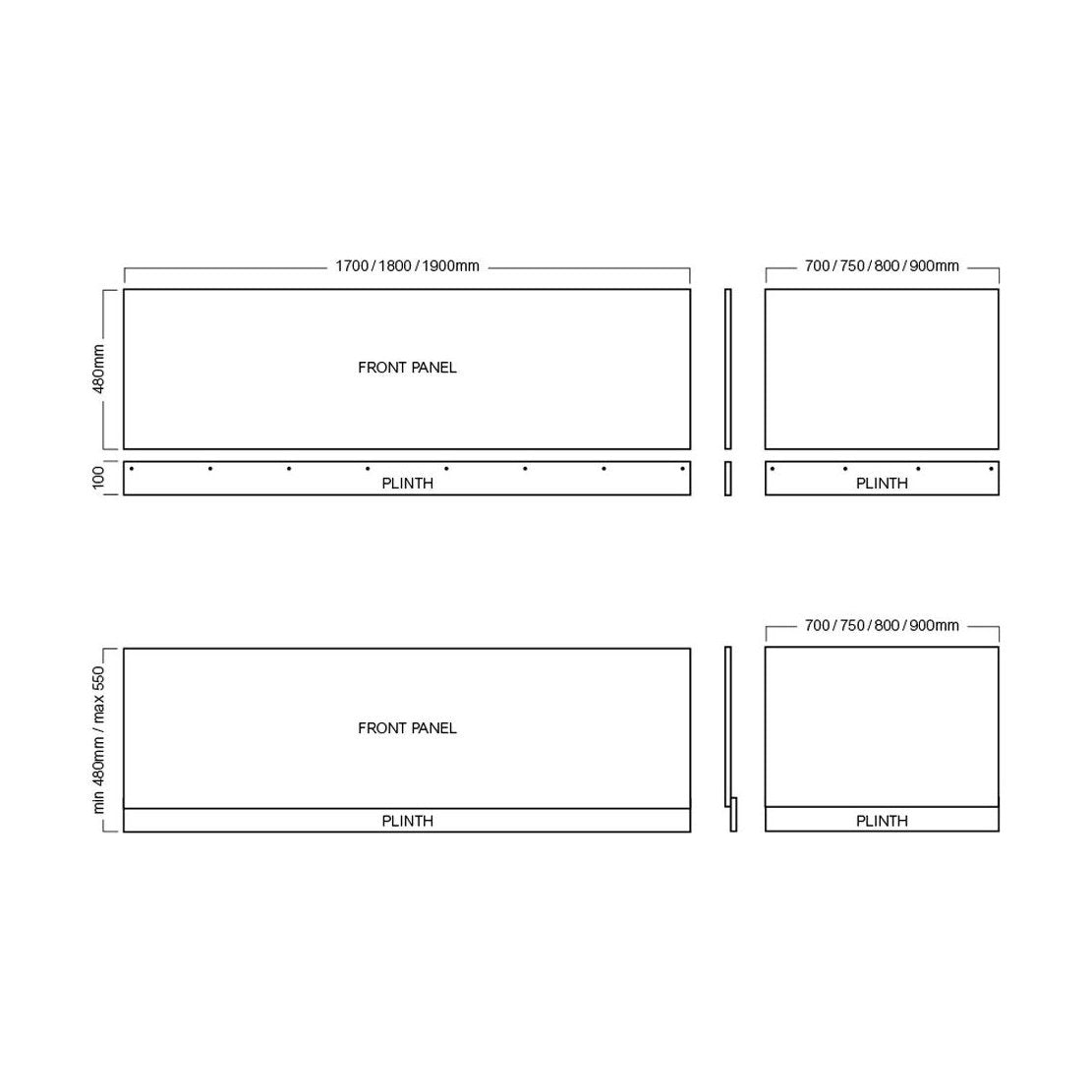 [BBBPM1500] 1500mm Front Bath Panel WhGL - Technical Drawing