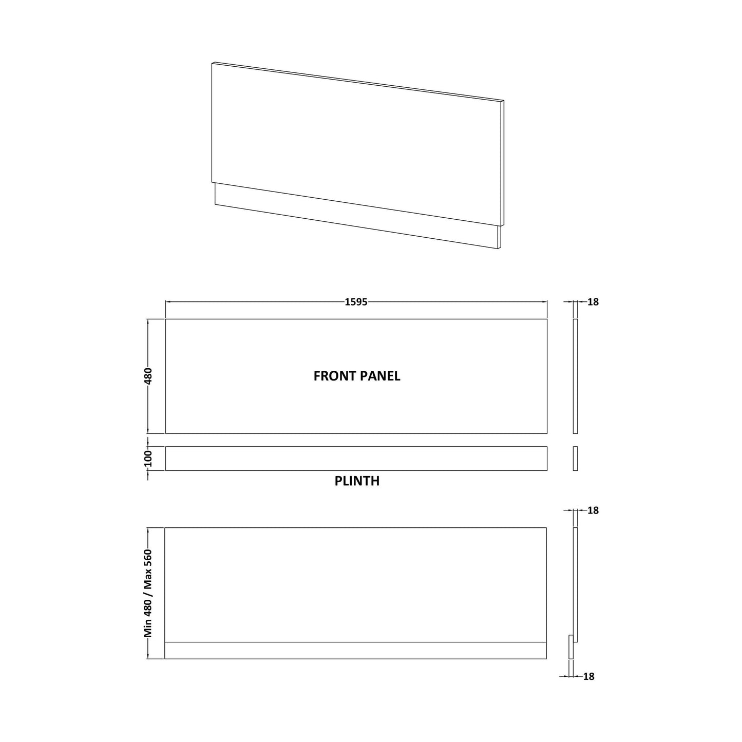 [BBBPM1600] 1600mm Front Bath Panel WhGL - Technical Drawing