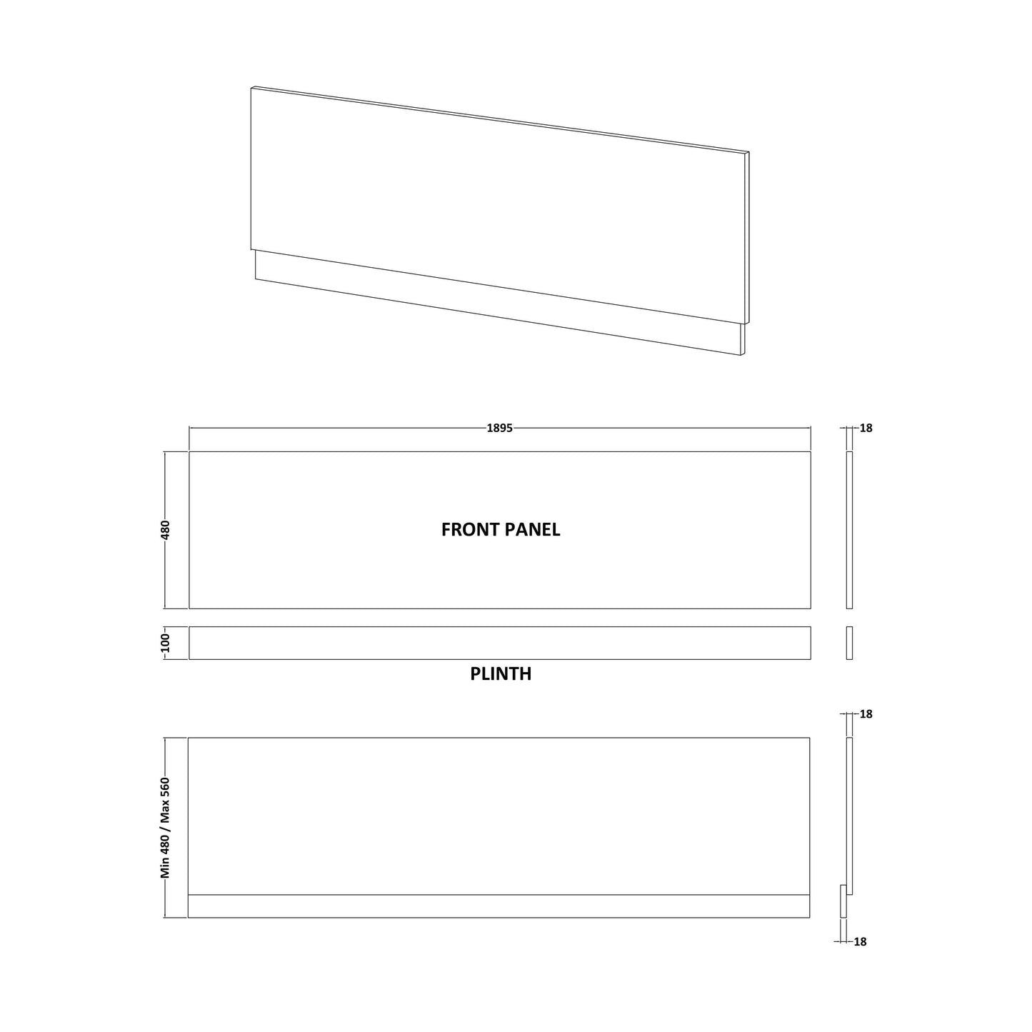 [BBBPM1900] 1900mm Front Bath Panel WhGL - Technical Drawing