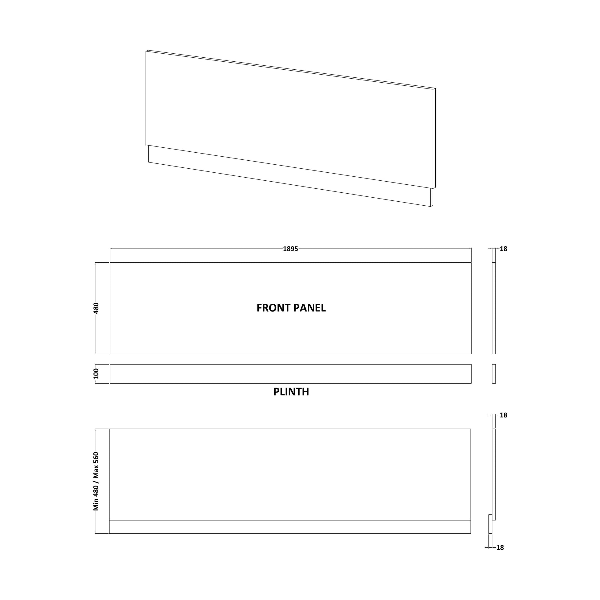 [BBBPM1900] 1900mm Front Bath Panel WhGL - Technical Drawing