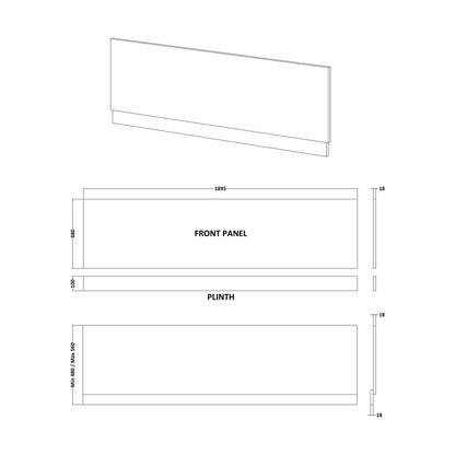 [BBBPM1900] 1900mm Front Bath Panel WhGL - Technical Drawing