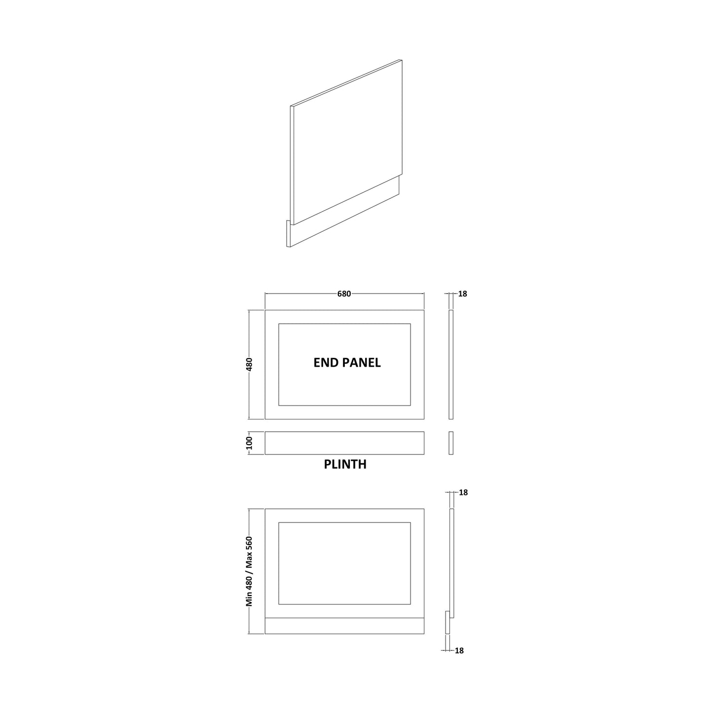 [BBBPSW0700] 700mm Shaker Style End Bath Panel White - Technical Drawing