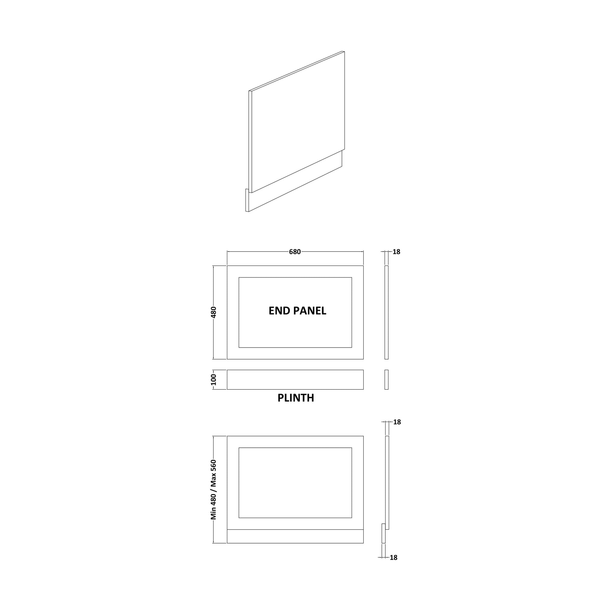 [BBBPSW0700] 700mm Shaker Style End Bath Panel White - Technical Drawing