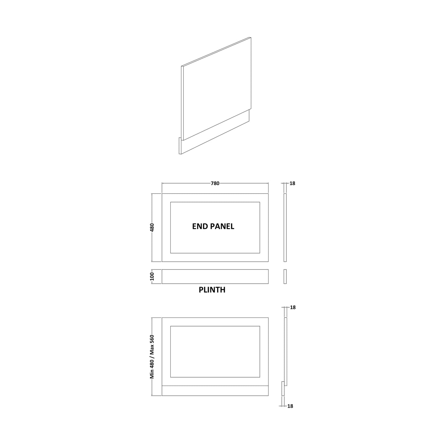 [BBBPSW0800] 800mm Shaker Style End Bath Panel White - Technical Drawing