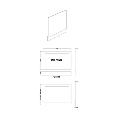 [BBBPSW0800] 800mm Shaker Style End Bath Panel White - Technical Drawing