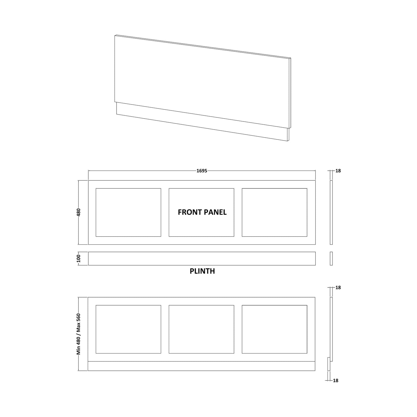 [BBBPSW1700] 1700mm Shaker Style Front Bath Panel Wh - Technical Drawing
