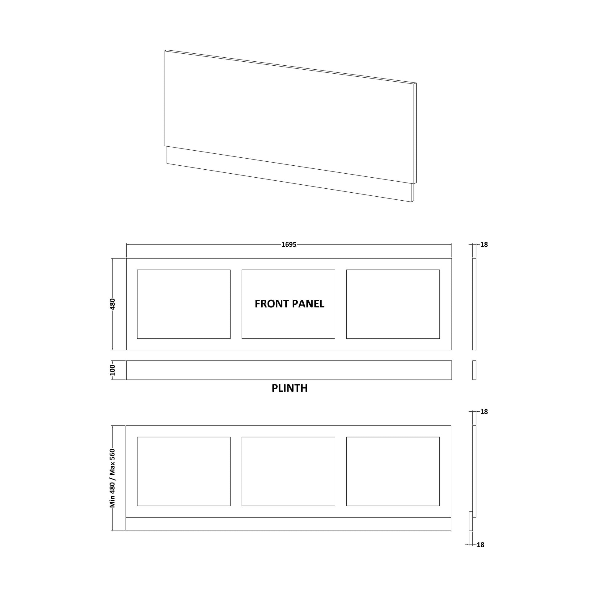 [BBBPSW1700] 1700mm Shaker Style Front Bath Panel Wh - Technical Drawing