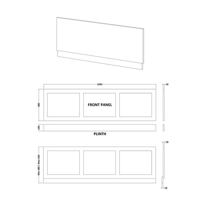 [BBBPSW1700] 1700mm Shaker Style Front Bath Panel Wh - Technical Drawing