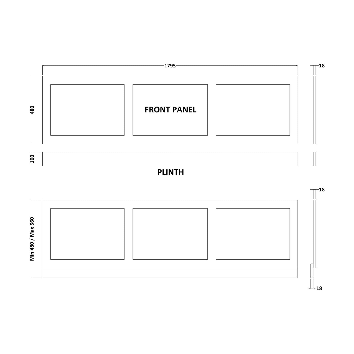[BBBPSW1800] 1800mm Shaker Style Bath Panel White - Technical Drawing