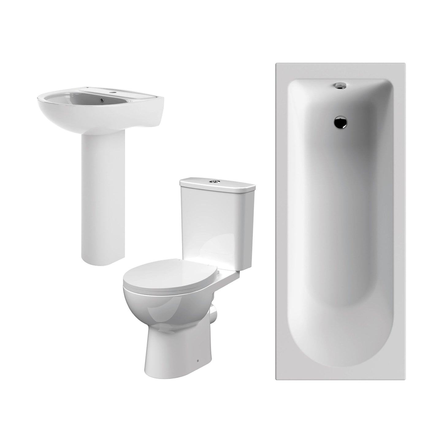 [BBBZ001] 1700mm Bathroom Suite with Round Single Ended Bath Tub, Front Panel, 1 Tap Hole Basin and Pedestal - Toilet and Seat, Gloss White - Cutout