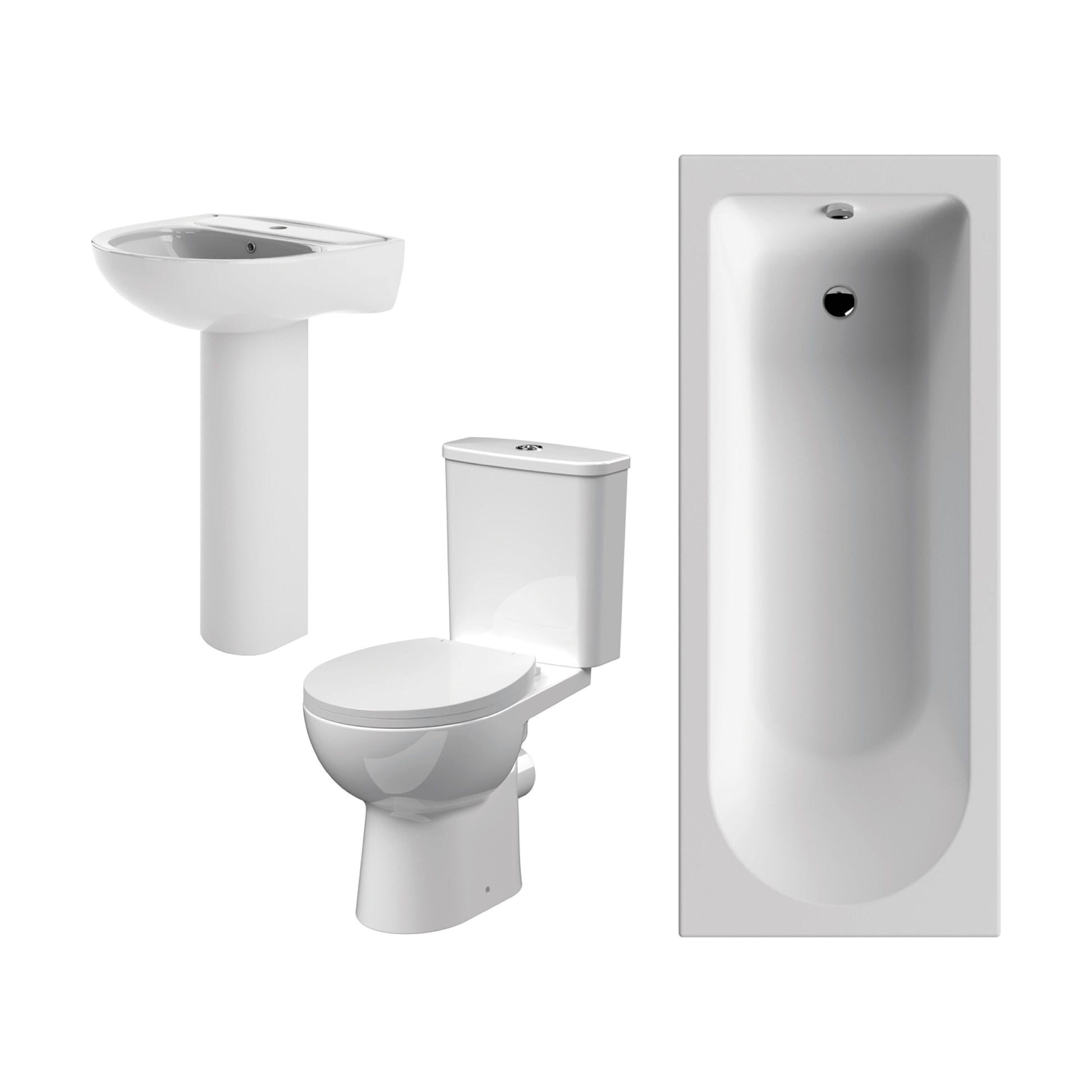 [BBBZ001] 1700mm Bathroom Suite with Round Single Ended Bath Tub, Front Panel, 1 Tap Hole Basin and Pedestal - Toilet and Seat, Gloss White - Cutout