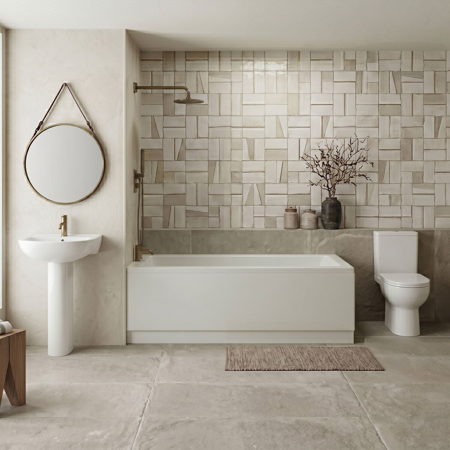 [BBBZ002] 1700mm Bathroom Suite with Square Single Ended Bath Tub, Front Panel, 1 Tap Hole Basin and Pedestal - Toilet and Seat, Gloss White - Silo
