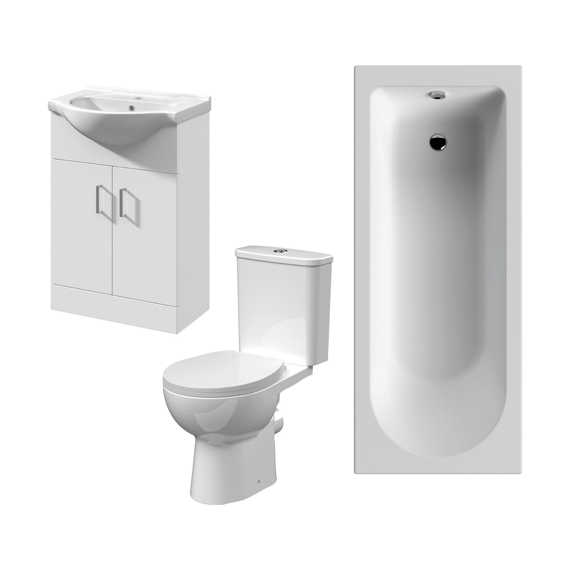 [BBBZ003] 1700mm Bathroom Suite with Round Single Ended Bath Tub, Front Panel, 550mm Vanity Basin Unit and Toilet and Seat - Gloss White - Cutout
