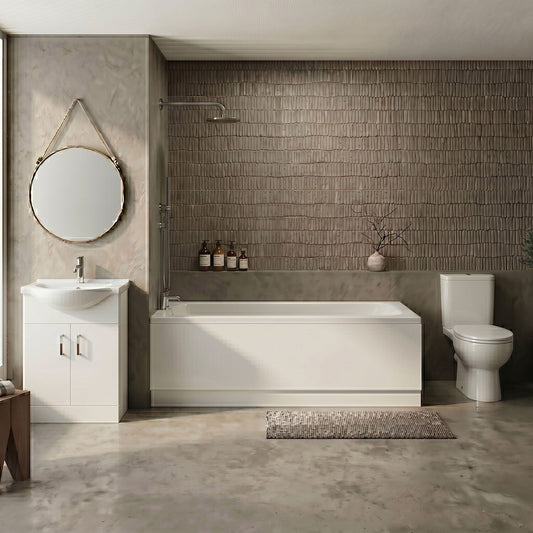 [BBBZ003] 1700mm Bathroom Suite with Round Single Ended Bath Tub, Front Panel, 550mm Vanity Basin Unit and Toilet and Seat - Gloss White - Silo