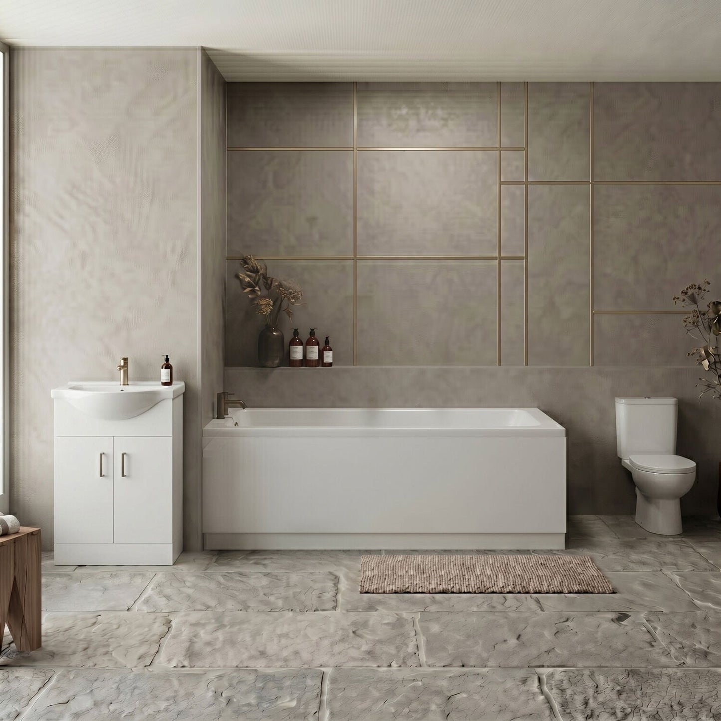 [BBBZ004] 1700mm Bathroom Suite with Square Single Ended Bath Tub, Front Panel, 550mm Vanity Basin Unit and Toilet and Seat - Gloss White - Silo