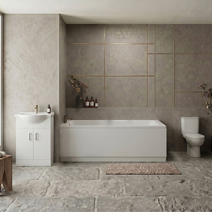 [BBBZ004] 1700mm Bathroom Suite with Square Single Ended Bath Tub, Front Panel, 550mm Vanity Basin Unit and Toilet and Seat - Gloss White - Silo