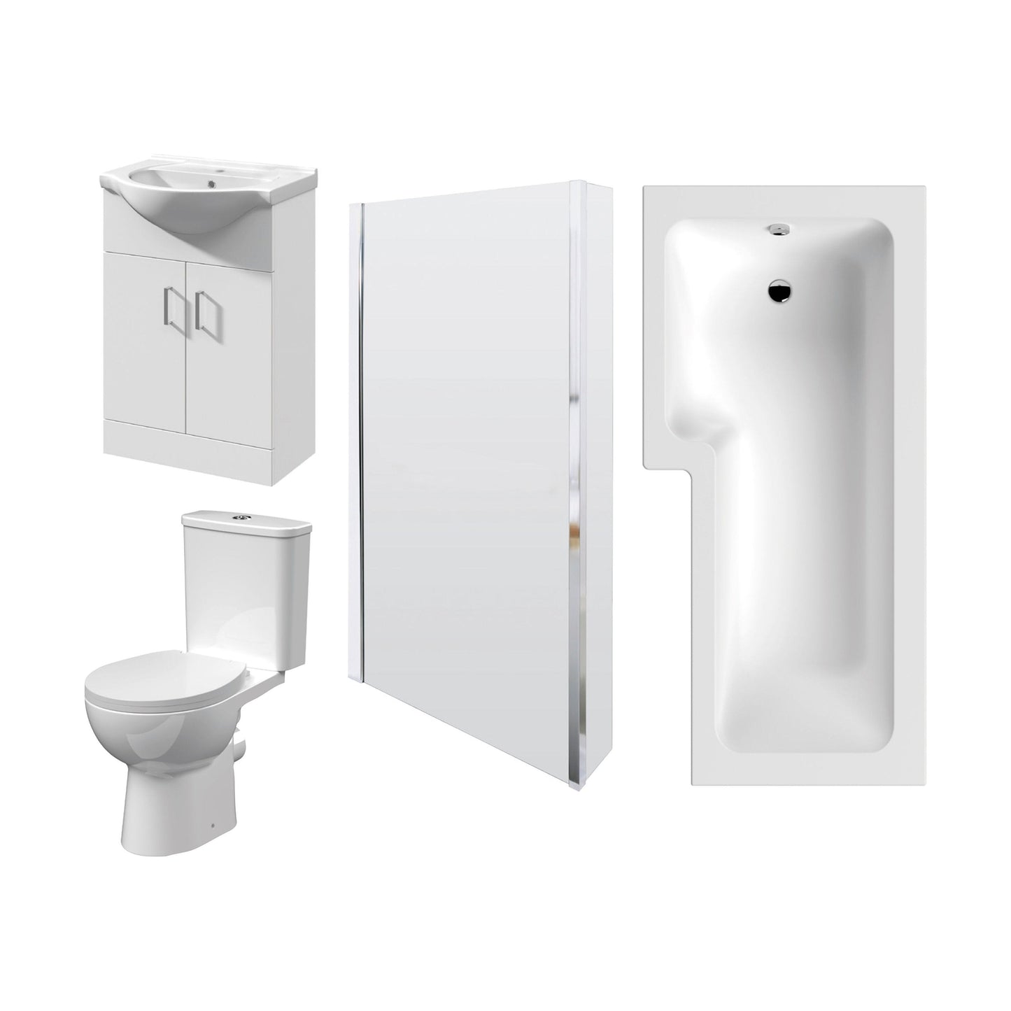 [BBBZ007] 1700mm Bathroom Suite - L Shape Shower Bath, Front Panel, Shower Bath Screen, Vanity Basin Unit and Toilet and Seat, Gloss White - Cutout