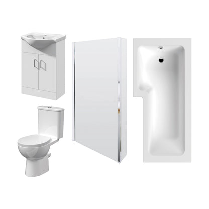 [BBBZ007] 1700mm Bathroom Suite - L Shape Shower Bath, Front Panel, Shower Bath Screen, Vanity Basin Unit and Toilet and Seat, Gloss White - Cutout