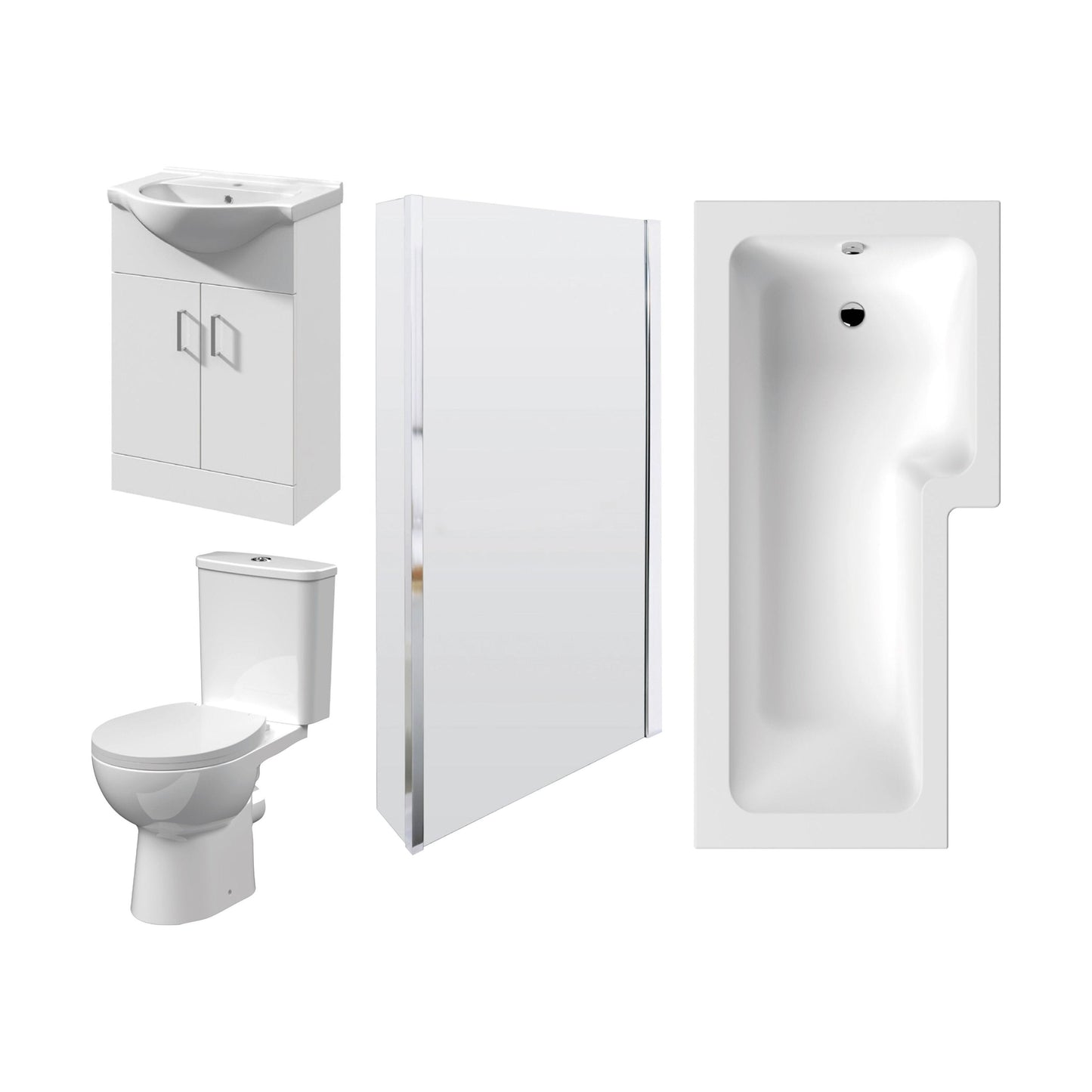 [BBBZ008] 1700mm Bathroom Suite - L Shape Shower Bath, Front Panel, Shower Bath Screen, Vanity Basin Unit and Toilet and Seat - Gloss White - Cutout