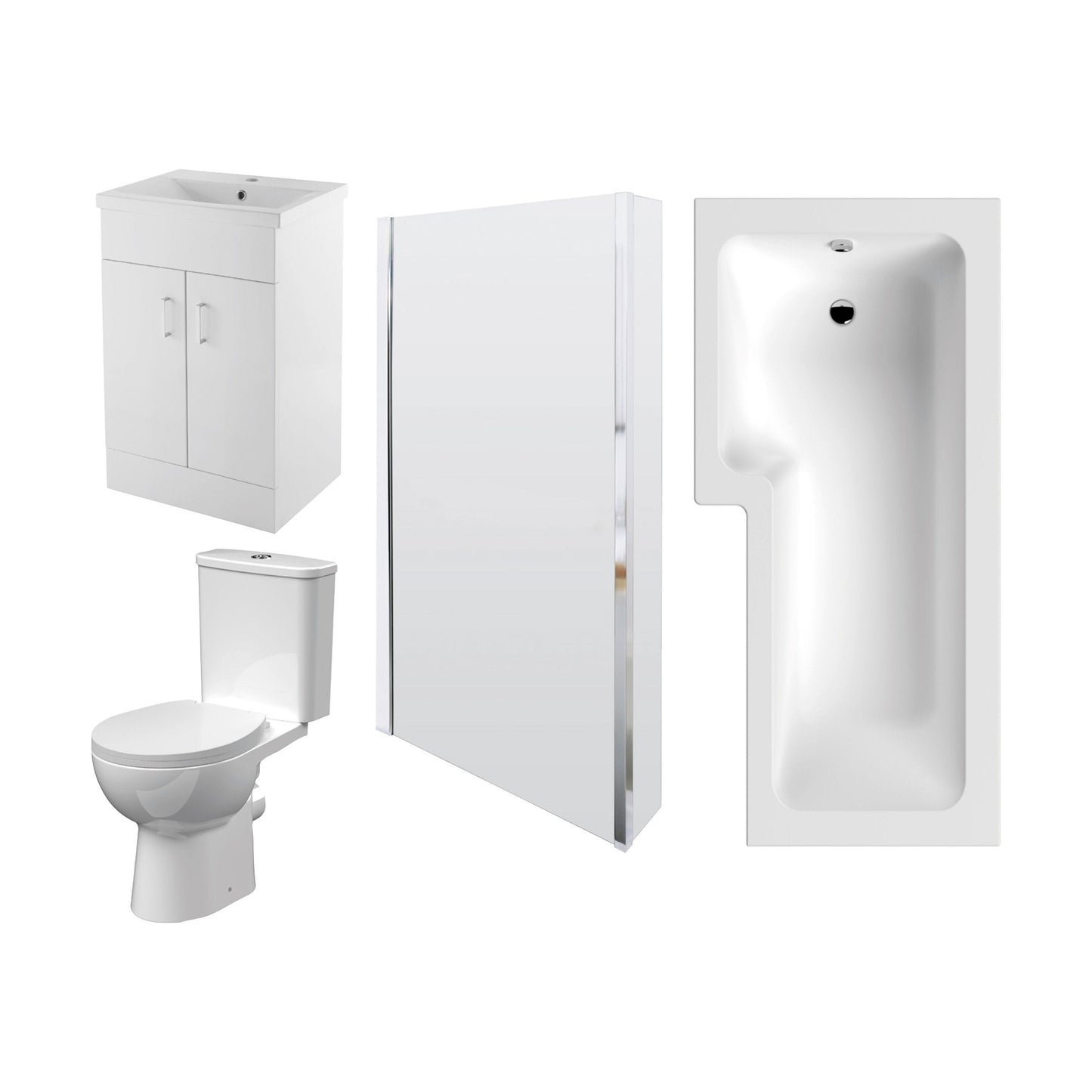 [BBBZ009] 1700mm Bathroom Suite - L Shape Shower Bath, Front Panel, Shower Bath Screen, Vanity Basin Unit and Toilet with Seat - Gloss White - Cutout