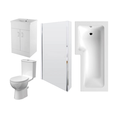 [BBBZ009] 1700mm Bathroom Suite - L Shape Shower Bath, Front Panel, Shower Bath Screen, Vanity Basin Unit and Toilet with Seat - Gloss White - Cutout