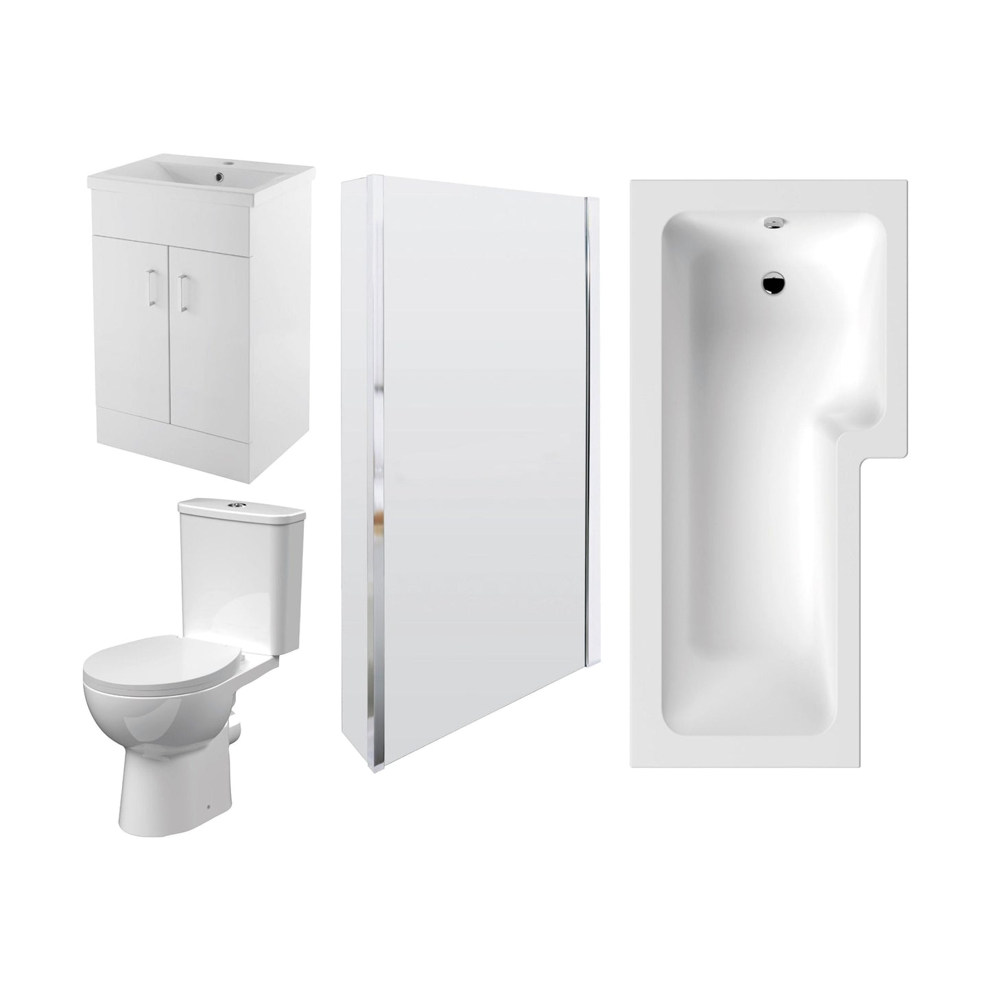 [BBBZ010] 1700mm Bathroom Suite - L Shape Shower Bath, Front Panel, Shower Bath Screen, Vanity Basin Unit and Toilet and Seat - Gloss White - Cutout