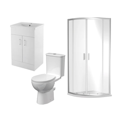 [BBBZ012] 900mm Quadrant Shower Enclosure Suite with Shower Enclosure, Shower Tray, Waste, Vanity Basin Unit,Toilet and Seat - Chrome/White - Cutout