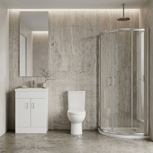 [BBBZ012] 900mm Quadrant Shower Enclosure Suite with Shower Enclosure, Shower Tray, Waste, Vanity Basin Unit,Toilet and Seat - Chrome/White - Silo
