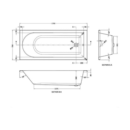 [BBCAS1752] Cascade 2 SglENDED BATH 1700*750*360 - Technical Drawing