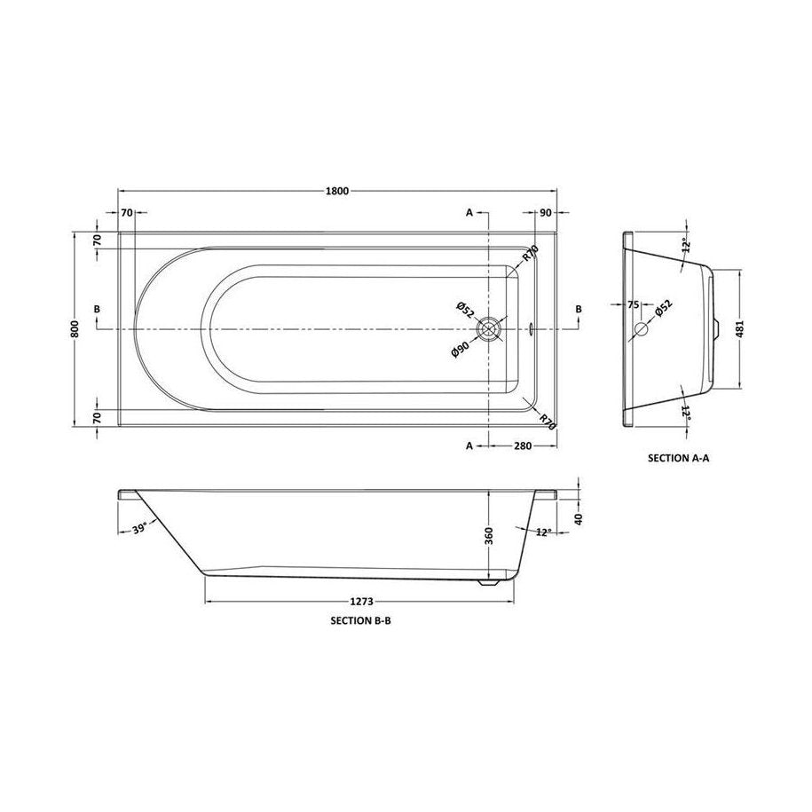 [BBCAS182] Modern Bathroom Rectangular Single Ended Bath, 1800 x 800 x 360mm - Technical Drawing
