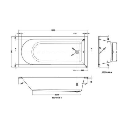 [BBCAS182] Modern Bathroom Rectangular Single Ended Bath, 1800 x 800 x 360mm - Technical Drawing